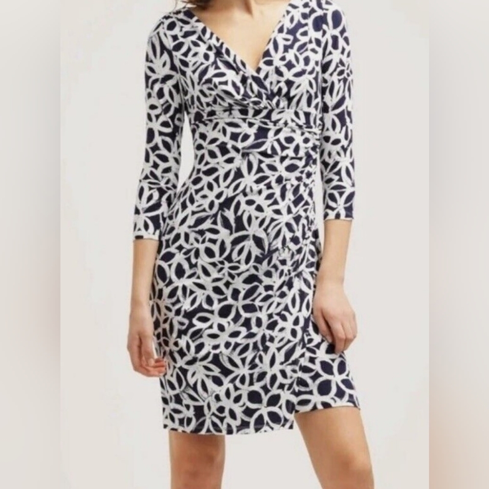 Ralph Lauren Gray White Faux Wrap 3/4 Sleeve Stretch V Neck Dress Size Sz 10